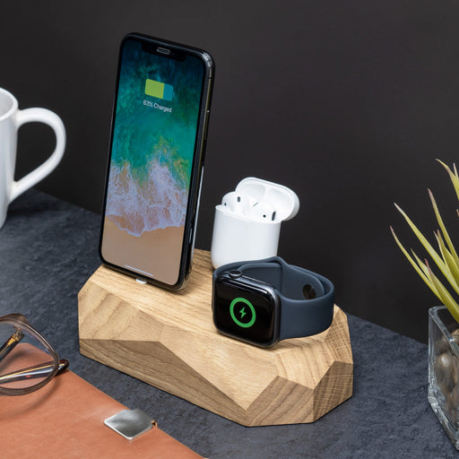 Base de Carregamento Tripla para iPhone, Apple Watch e AirPods  | Madeira Carvalho